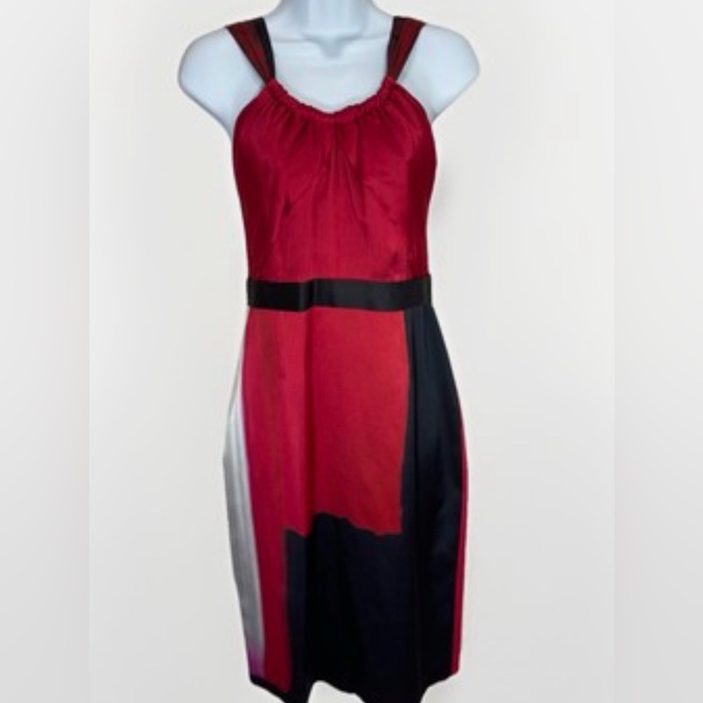 Ellie Tahari Simone Dress Wagon Red Silk Sleeveless Sheath Halter
